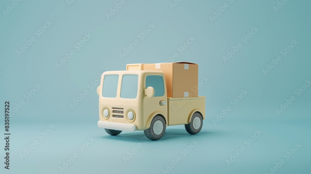 Fototapeta premium Toy delivery truck with a package on a light blue background, representing shipping, logistics, and transportation concepts. 3D Illustration.