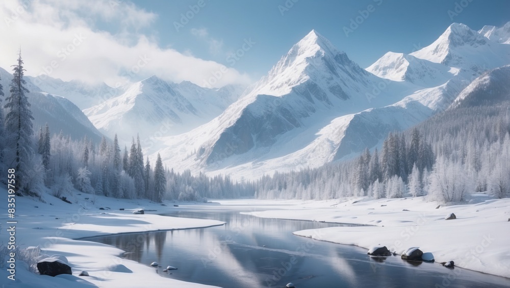 Fototapeta premium Wild river landscape flowing in frozen mountain valley, around beautifully snowy spruce trees