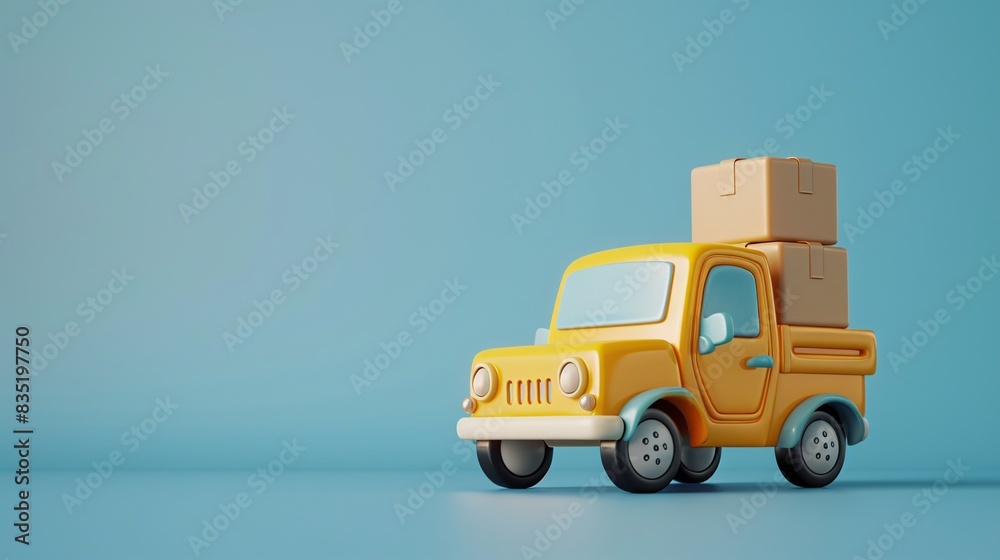 Toy yellow pickup truck with boxes on the back against a blue background, representing delivery and transportation concepts. 3D Illustration. Toy yellow pickup truck with boxes on the back against a blue background, representing delivery and transportation concepts. 3D Illustration.