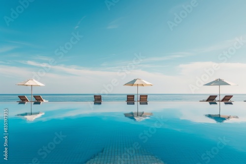 A swimming pool by the ocean with umbrellas and chairs under a beautiful sky