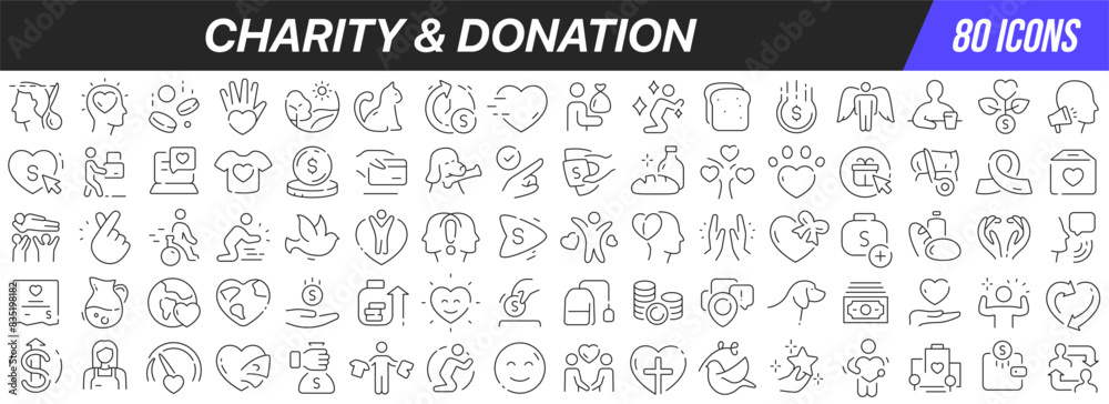 Charity and donation line icons collection. Big UI icon set in a flat design. Thin outline icons pack. Vector illustration EPS10 Charity and donation line icons collection. Big UI icon set in a flat design. Thin outline icons pack. Vector illustration EPS10