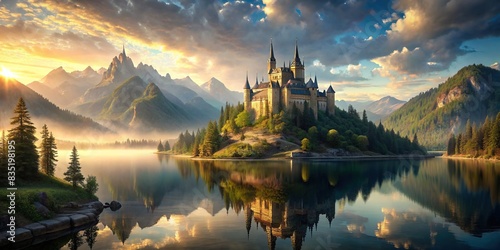 Distant fantasy castle on a hill overlooking a shimmering lake , medieval, fairy tale, magical, kingdom, dreamy, enchanted, architecture, fantasy, remote, majestic, tower, ancient photo