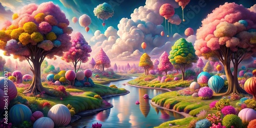 Dreamy fantasy world with colorful candy trees, cotton candy clouds, and a chocolate river flowing through a marshmallow meadow, fantasy,sweet, candy, trees, cotton candy, clouds photo