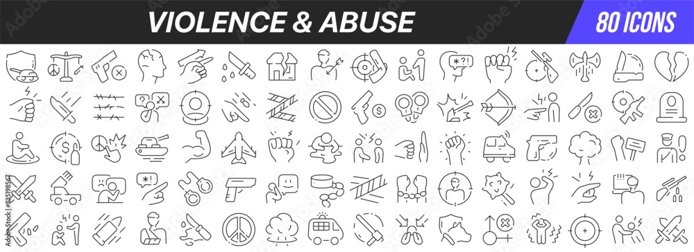 Violence and abuse line icons collection. Big UI icon set in a flat design. Thin outline icons pack. Vector illustration EPS10 Violence and abuse line icons collection. Big UI icon set in a flat design. Thin outline icons pack. Vector illustration EPS10