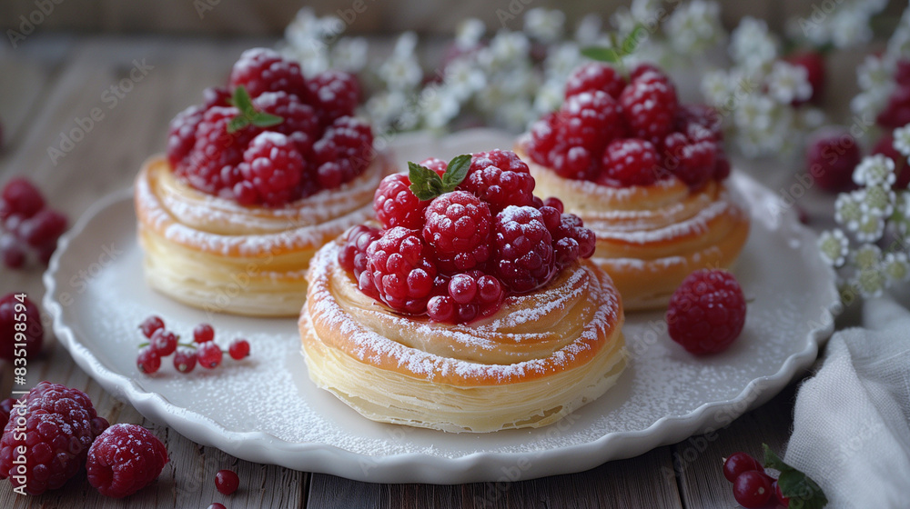 Beautiful and delicious personal raspberry cheesecake tartlets with berries on a white plate with white flowers in the background Beautiful and delicious personal raspberry cheesecake tartlets with berries on a white plate with white flowers in the background