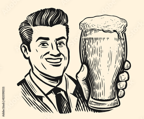 Happy middle aged man in suit with glass of beer in hand. Pub, brewery retro advertising. Clipart drawing in pop art style