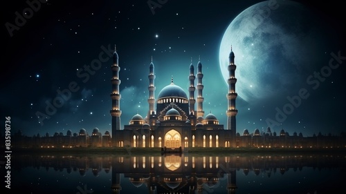 The beautiful serene mosque at night in the blessed month of ramadan the illuminated  Copy space  generative ai