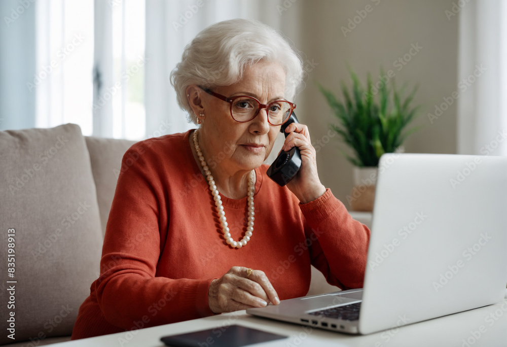 Old woman with grey hair on phone discussing computer problem or internet scam at home, worried and depressed Old woman with grey hair on phone discussing computer problem or internet scam at home, worried and depressed