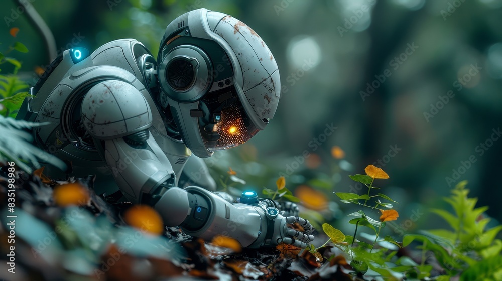 robot in the woods with a glowing eye robot in the woods with a glowing eye
