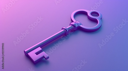 Vintage metal key with heart-shaped bow on a gradient purple to blue background, symbolizing security, love, and mystery. 3D Illustration.