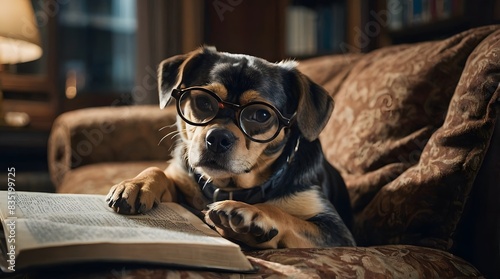 A cute dog wearing reading glasses and sitting on the sofa reading a book. © ZADpro