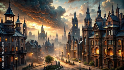Gothic Victorian cityscape with no people, gothic, victorian, cityscape, architecture, buildings, dark, eerie, ominous, vintage, historical, gothic architecture, spires, towers photo