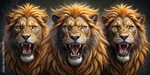 Set of aggressive lion heads with open mouths and angry expressions   lion  head  animal  wildlife  teeth  fangs  aggressive  angry  powerful  emblem  logo  tattoo  symbol  isolated