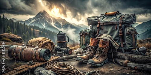 A haunting image of abandoned expedition gear in a foreboding eldritch wilderness , Distressed, Expedition, Eldritch, Wilderness, Bewildered, Lost, Explorers, Supernatural, Horrors, Abandoned photo