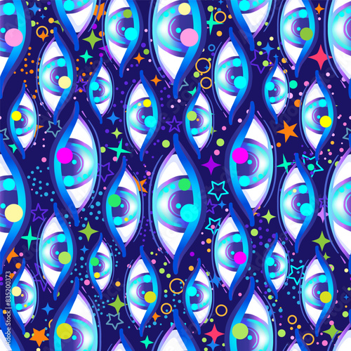 Eyes, seamless pattern over colorful dotted retro 80s, 90s abstract backgroun...