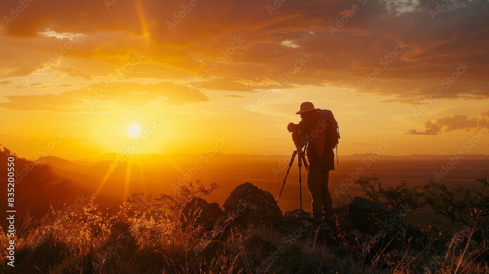 Fototapeta premium man with a camera on a mountain at sunset