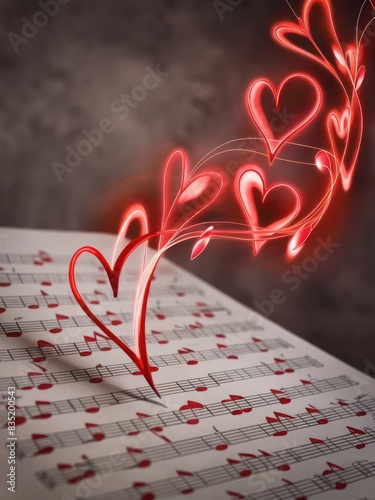A sheet of music with notes in red, over which glowing red hearts are whimsically floating and swirling upwards, creating a sense of romance and passion - AI Generated Digital Art