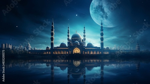 The beautiful serene mosque at night in the blessed month of ramadan the illuminated, Copy space, generative ai