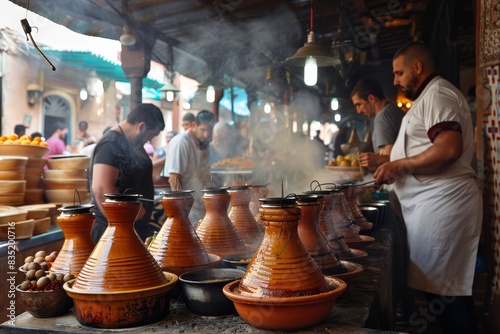Vibrant Moroccan souk with cooks preparing traditional tagine generated by AI