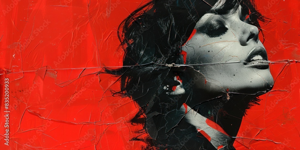Fototapeta premium Black And White Portrait Of A Woman On A Red Background