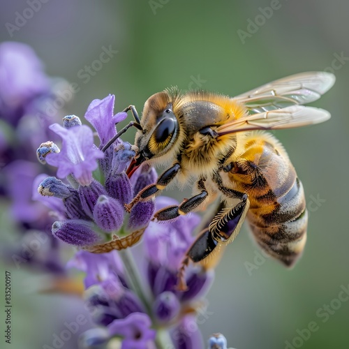 A detailed macro shot of a bee on a lavender flower, showcasing the intricate details of both the bee and the flower. The bee's body is covered in tiny hairs, and its wings are delicately veined. The © LazysAI