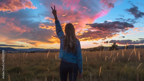 A person stands in a field at sunset, making a peace sign, with vibrant clouds and a serene landscape in the background. photo