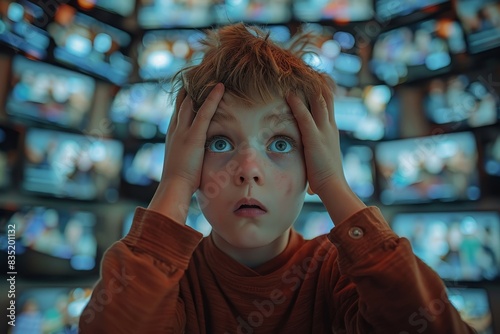 A young boy looks overwhelmed as he faces multiple screens displaying various content in a digital landscape. photo