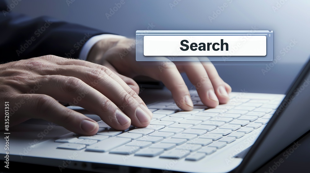 Businessperson typing on a laptop keyboard with a search button graphic overlay, highlighting internet browsing and research. Businessperson typing on a laptop keyboard with a search button graphic overlay, highlighting internet browsing and research.