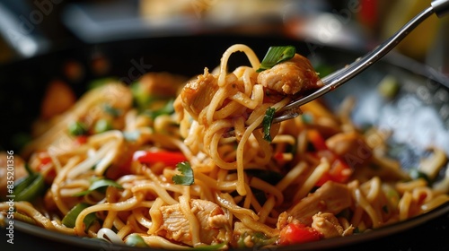 Chicken Chowmein Noodles eaten with a fork photo
