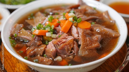 Duck Consume: Duck Consume Soup has a sweet flavor from stewed duck and thinly sliced ​​vegetables such as carrots and onions.  © Sleepless