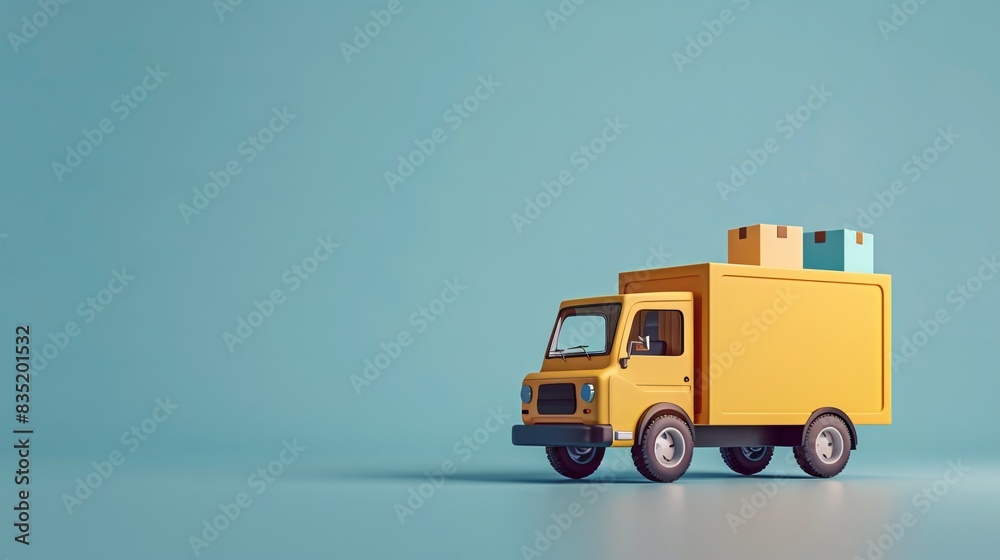Yellow toy delivery truck carrying colorful boxes on blue background. Modern logistics and transportation concept. Minimalist design. 3D Illustration. Yellow toy delivery truck carrying colorful boxes on blue background. Modern logistics and transportation concept. Minimalist design. 3D Illustration.