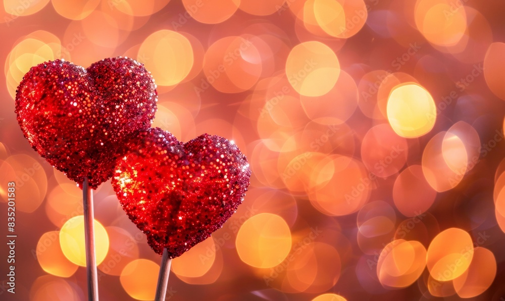 Close-up of two lollipops in the shape of red caramel hearts on a stick on a blurred rainbow background. Romantic banner for Valentine's Day. Pink lollipop heart for valentine's day, place for text. Close-up of two lollipops in the shape of red caramel hearts on a stick on a blurred rainbow background. Romantic banner for Valentine's Day. Pink lollipop heart for valentine's day, place for text.