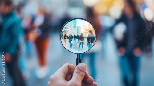 Close-up of a hand holding magnifying glass focusing on people in the city, symbolizing the search for clarity amid urban life and diversity
