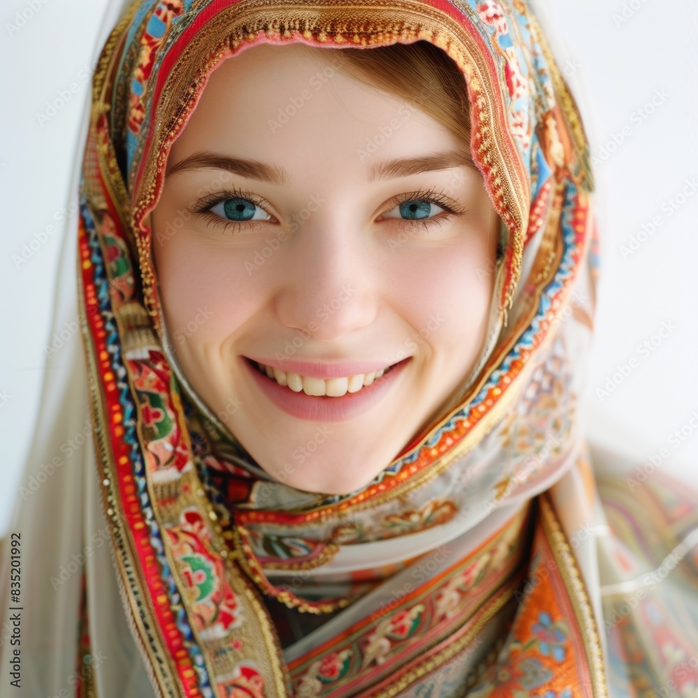 Radiant young woman with blue eyes wearing colorful headscarf Radiant young woman with blue eyes wearing colorful headscarf