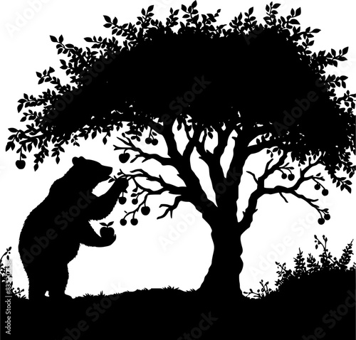 Silhouette bear in the tree picking fruit illustration