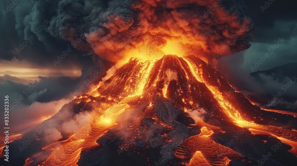 Large volcano erupting, close-up view, intense lava flow, dark ash clouds in the sky, a scene of dramatic natural power
