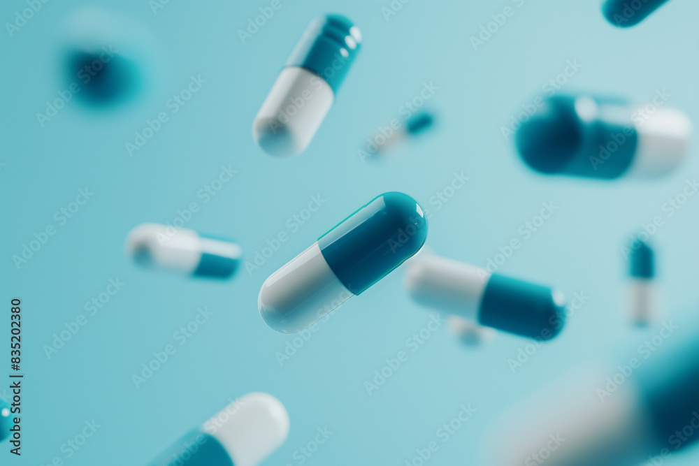 Blue and white capsules float against a light blue background, representing medication and healthcare. Blue and white capsules float against a light blue background, representing medication and healthcare.