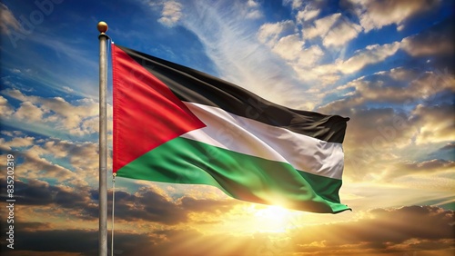 Palestine national flag waving with flag symbols on background, Palestine, flag, waving, cloth, fabric,flying, national, symbols, Middle East, independence, freedom, identity, unity © rattinan