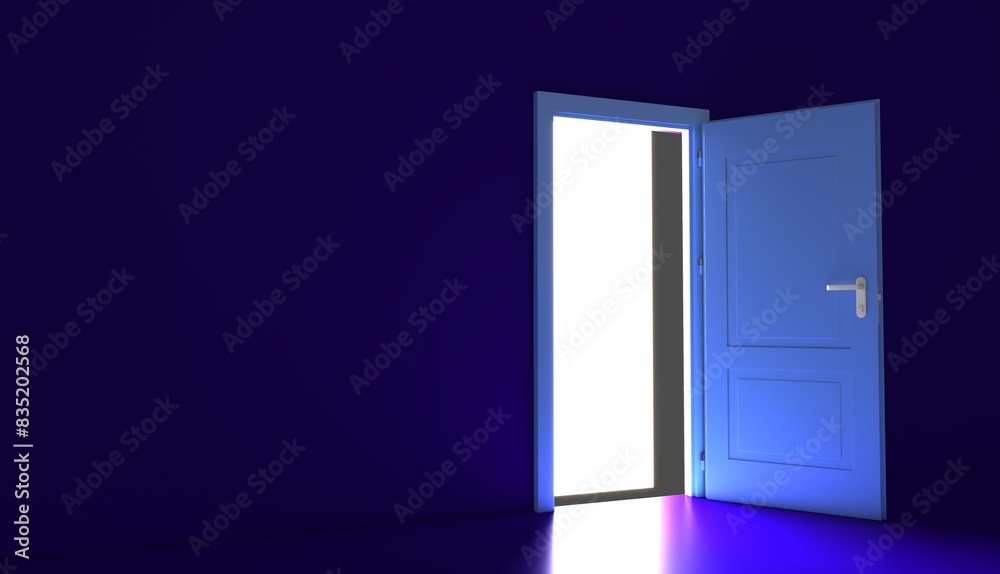 Open the door. Symbol of new career, opportunities, business ventures and initiative. Business concept. 3d render, white light inside open door isolated on blue background. Modern minimal concept. Open the door. Symbol of new career, opportunities, business ventures and initiative. Business concept. 3d render, white light inside open door isolated on blue background. Modern minimal concept.