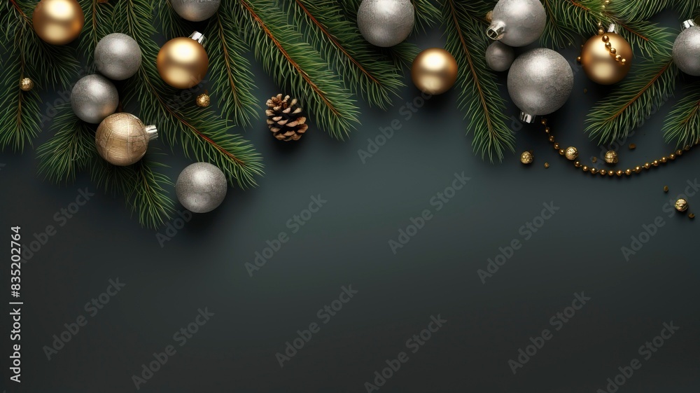 Fototapeta premium christmas balls and fir branches flat lay top view, generative ai