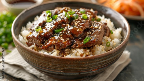 High-definition close-up of a bowl of aromatic sushi rice beside a bowl of teriyaki-glazed beef, perfect for highlighting a food product in an advertisement