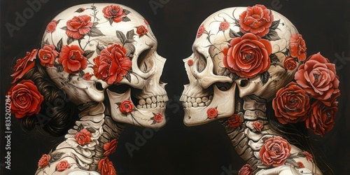 Skulls Adorned With Roses in a Romantic Embrace