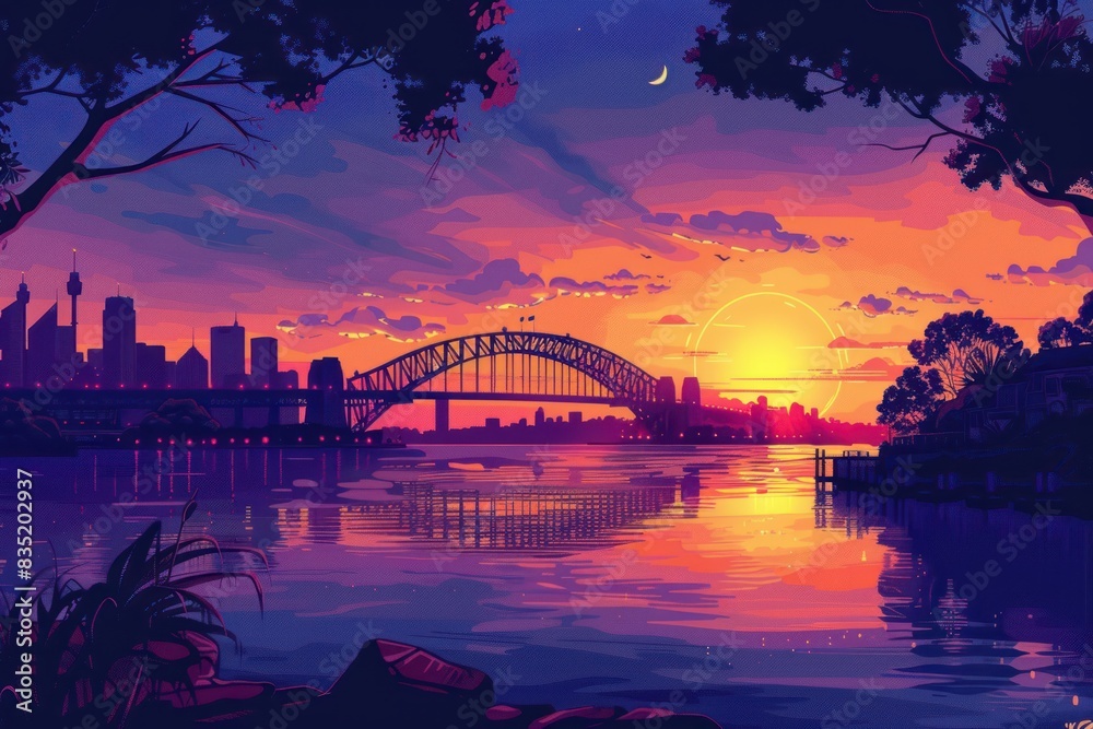 Naklejka premium Postcard with landscape of big town with river and bridge at sunset