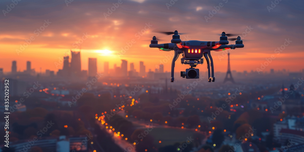 Drone Flying Over Paris at Sunset Drone Flying Over Paris at Sunset