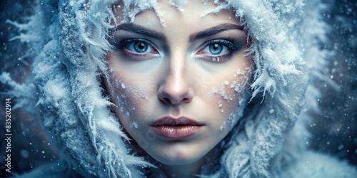 Frozen face of a woman portrait, frozen, face, woman, portrait, icy, cold, emotionless, isolated, white background, stoic expression, frosty, chilling, chill, stone-faced, expressionless photo