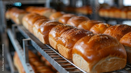 Golden loaves on a conveyor belt, just out of a traditional bread oven, warm and ready, close-up shot photo