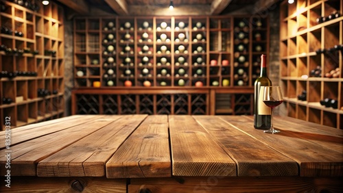 Empty wooden table in front of a blurred wine cellar background, perfect for winery and beverage product display , winery, beverage, product, display, wine, cellar, wooden table, background photo