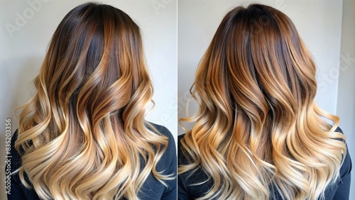 Balayage ombre hair dye technique featuring a gradual transition from dark roots to light ends , hairstyle, hair color, beauty, salon, fashion, trend, balayage, ombre, dye