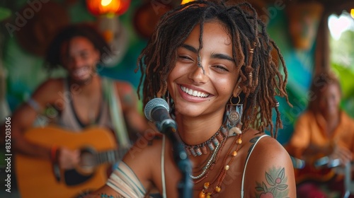a woman with dreadlocks smiling and holding a guitar photo