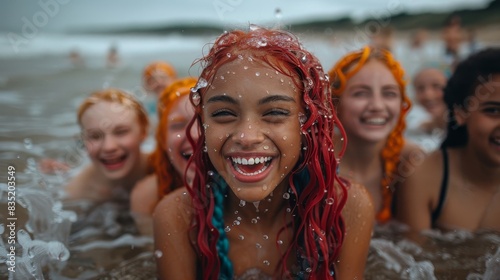 a group of young women in the water with red hair photo
